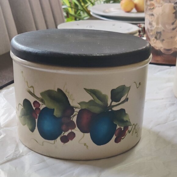 Robinson-Ransbottom Other - Robinson Rasbotin canister with wooden lid. A crock adorned with Plums sz medium